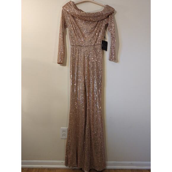 NWT Mac Duggal Sz 0 Rose Gold Sequined Drop Shoulder Long Sleeve Jumpsuit - Picture 3 of 6